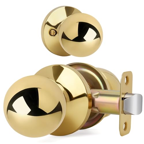 LOQRON Ball Design Door Knob No Lock, Passage Round Shaped Non-Locking Doorknob for Hallway/Closet, Polished Brass Finish - Image 2