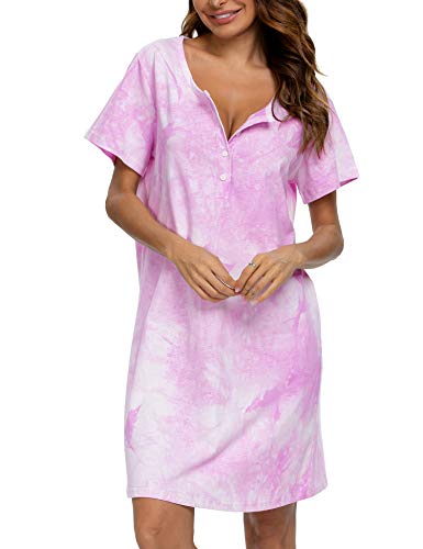 Image of ENJOYNIGHT Womens Short Sleeve Nightgown Tie Dye Nightshirt Nursing Sleepshirts Breastfeeding Sleep Dress