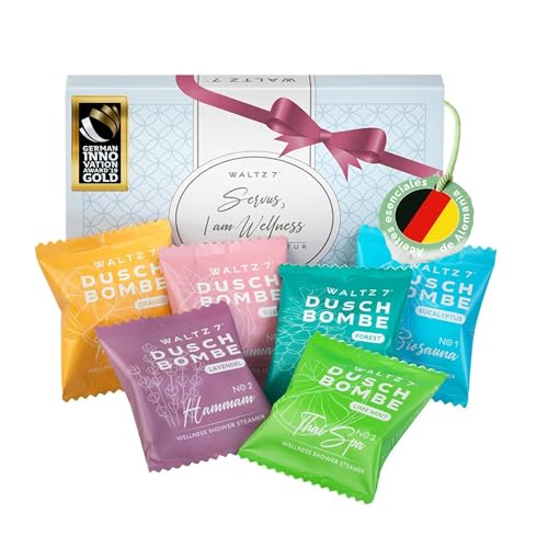 WALTZ 7 Originales Bombas de Ducha, 6 Piezas con 6 Fragancias, Calidad de Europa, Pestanas de Ducha con Aceites Esenciales, Pequeno Regalo Mujeres, Hombres, Set de Bienestar para la Relajacion