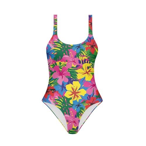 Image of Girls Teen Bathing Suit One Piece Swimsuit Hawaiian Pattern Vibrant Tropical Floral Print Summer Retro Beach Wear Quick Dry Swim Dress 13-14 Years