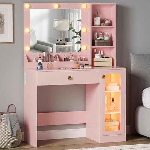 Image of BORNOON Small Vanity Desk with Mirror and Lights, Makeup Vanity Desk with Adjustable Brightness 3 Light Modes, RGB Storage Cabinet, Power Outlet, Drawer, Shelves