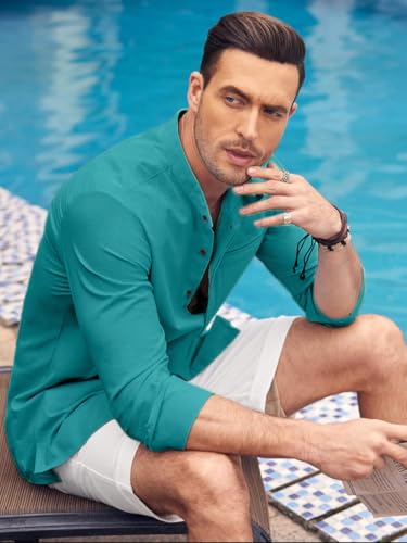 Image of Mens Casual Button Down Shirt | Cotton Luster Long Sleeves Shirts | Mandarin Collared Shirts