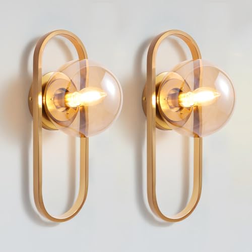 Image of Bektas Gold Wall Lamp Sconces Set of 2 with Amber Globe Glass Shade - Wall Lights for Living Room & Bedrooms ETL Listed