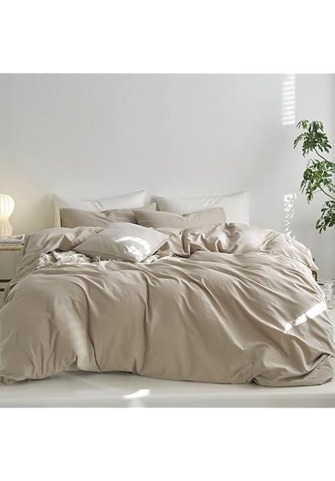 MooMee Upgraded Softer Duvet Cover Set 100% Washed Cotton Twill Queen | Ultra-Soft Thick Breathab...