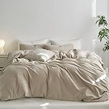 MooMee King Duvet Cover Set, 100% Washed Cotton Linen Like Twill Thick Sturdy Material Super Soft Breathable Durable Bedding for All Season, 3 Pieces (Tannish Linen LikeGrey, King 104'x90')