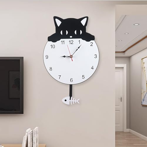 Horloge chat à queue mobile : pendule murale analogique et silencieuse pour chambre d'enfant