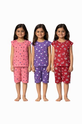 Image of NammaBaby Girl's Cotton Graphic Print Night Suit and Payjama Set - Multipack