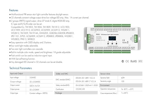 Controlador de luz escalera contra caídas nocturnas con sensor infrarrojo ES32 32 canales 4
