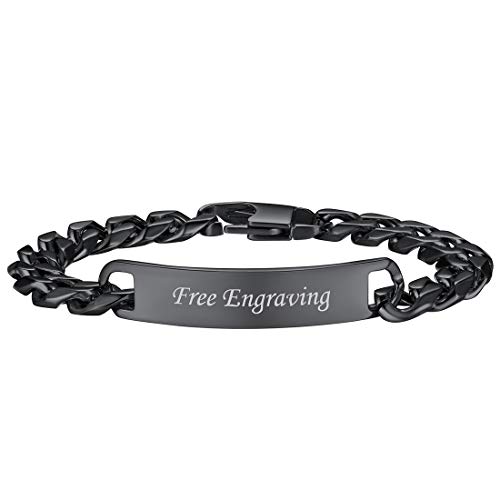 U7 Custom ID Bracelet Men Women Stainless Steel 7MM Wide Cuban Curb Link Chain Personalized Message Engrave Bar Bracelet Bangle, Length 19CM to 21CM (Black, 19)