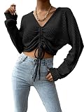 SheIn Damen Crop Langarmshirt Bauchfrei Oberteil Langarm Crop Top V Ausschnitt Waffelstrick Tops Pullover mit Tunnelzug Schwarz M
