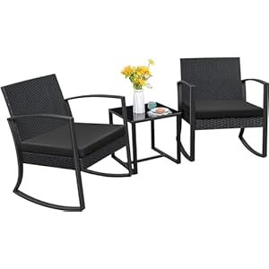 Homall Patio Furniture Set 3 Piece Resin Outdoor Bistro Set Rocking Patio Chairs with Cushions and Table for Porch, Poolside, Balcony and Yard (Black)