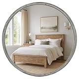 EMAISON 30-inch Real Wood Frame Round Mirror, Large Rustic Gray Farmhouse Wall Mount Circle Mirror for Bathroom, Living Room, Bedroom, Home Décor