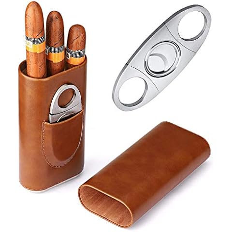 Time C club Cigar Case Travel 3- Finger Elegant Leather Cigar Case with Cedar Wood Lined Cigar Cutter Cover