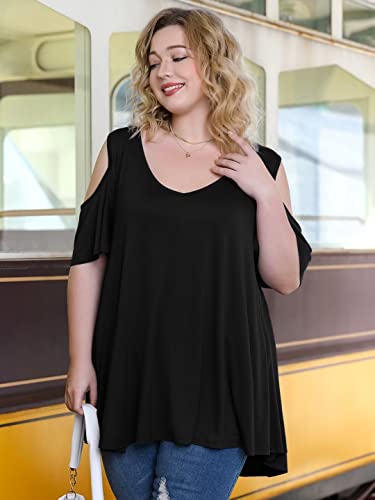 Larace Cold Shoulder Tops For Womens Plus Size Shirts V Neck Tunic Ruffle Sleeve T-Shirts Loose Summer Clothes(Black 2X) #TOP4