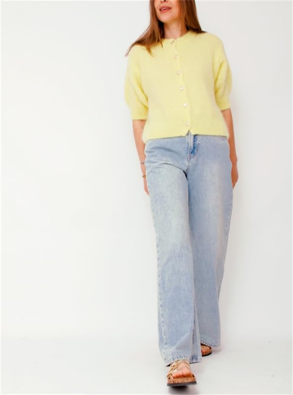 Image of Women Knitted Crop Cardigan Shirt Short Sleeve Button Down Ribbed Knit Crop Top Y2k Girls Outwear Top Tee Shirt