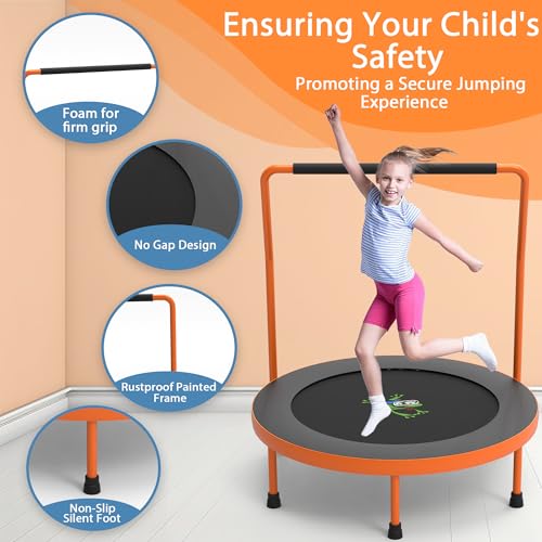 3FT Foldable Kids Trampoline, 36'' Indoor & Outdoor Mini Trampoline for Toddlers, Max Capacity 220 LBS, Adjustable Handlebar, Quiet & Safe Design