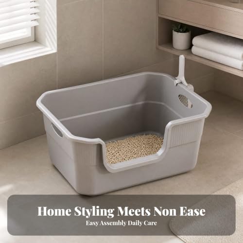 Image of Splash-Reducing PP ABS Cat Litter Box with Scoop Anti-Splashing High-Sided Cat Litter Box with Carrying Handles Easy to Petfresh Toilet Sturdy for Kittens, Home, Beige, Medium Handle