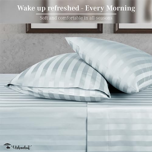 URBANHUT 800 Thread Count Egyptian Cotton Damask Striped Queen Size Sheets Set (4 Pc) - Ultra Soft & Smooth, Sateen Weave Queen Size Sheets, Luxury Hotel Sheets with 16" Deep Pocket - Light Blue