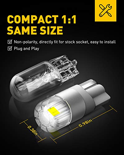 Image of AUXITO 194 LED Bulbs White, Super Bright 1:1 Size, License Plate Light 168 2825 W5W T10 Error Free Car Bulbs for Dome Map Door Courtesy Side Marker Cornering Trunk Light (Pack of 2)