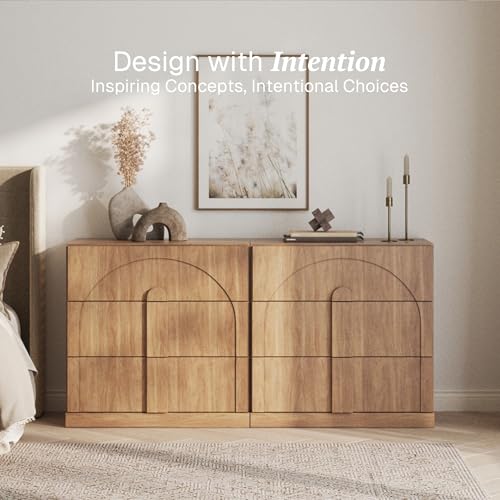 Image of BELLEZE Sideboard Cabinet with 3 Drawers, Set of 2 Modern Wood Buffet Cabinet with Arc Design, Large Fluted Sideboard with Storage for Kitchen Living Room Entryway, Camel