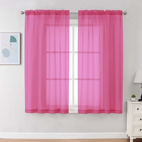 Image of Chyhomenyc Sheer Curtains 63 Inch Length 2 Panels Set, Light Filtering Rod Pocket Window Curtain Treatment Drapes for Bedroom Living Room, Each 42Wx63L, Set of 2, Hot Pink