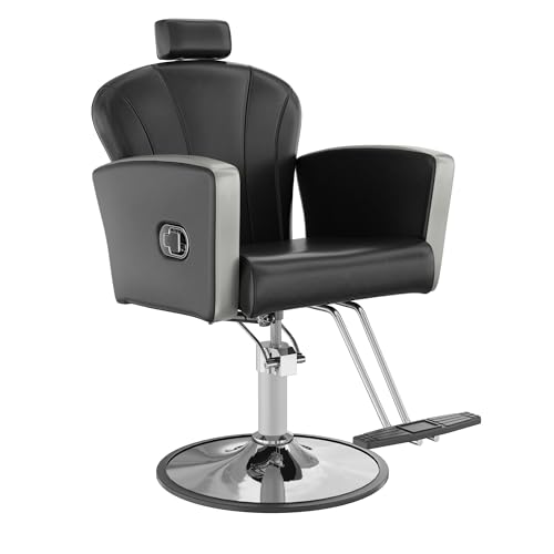 KIGOTY Salon Chair for Hair Stylist, Reclining Salon Chair with Hydraulic Pump,360 Degree Swivel Hair Stylist Chairs with Footrest and Adjustable Headrest for Barbershop (Black-Silver)