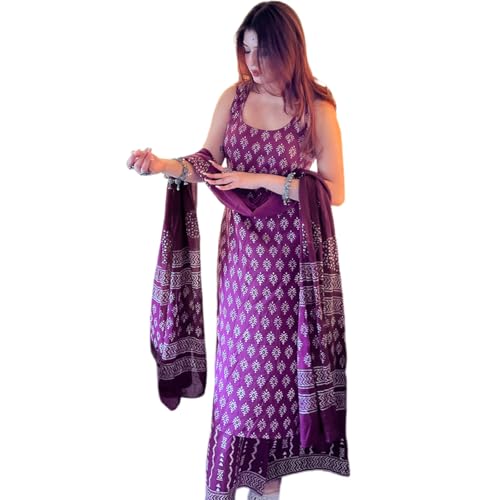 Image of Women Purple Printed Kurta Set with Dupatta | Sleeveless Straight Long Kurta | Festive & Party Ethnic | wedding