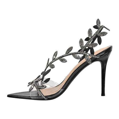 sexytag Slingback Black Heels Crystal Embellishment Sparkly Wedding Shoes Cocktail Heeled Sandals Clear Stiletto High Heels Pointed Open Toe Flower Leaf Strappy Dress Party Prom Heels Black Size 9