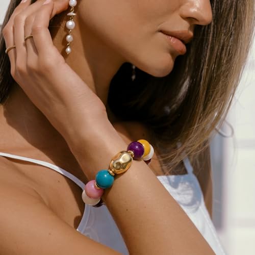 ENSKEFEN Colorful Chunky Beaded Bracelets for Women Trendy Big Resin Beads Stretch Bracelet Multicolor Statement Bracelets Boho Summer Beach Rainbow Bracelet Jewelry by ENSKEFEN - Used condition - Image 4