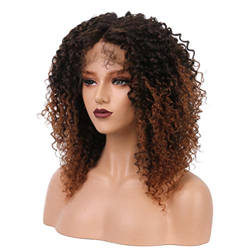 Perruque synthétique ondulée afro-américaine avec dentelle frontale brune 14 pouces