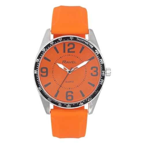 Ravel - Silberfarbene Herrenuhr mit Großen Ziffern und Schwarzem Oberring auf Sportlichem Silikonarmband - Analoges Quarzwerk - RS001.08 - Orange