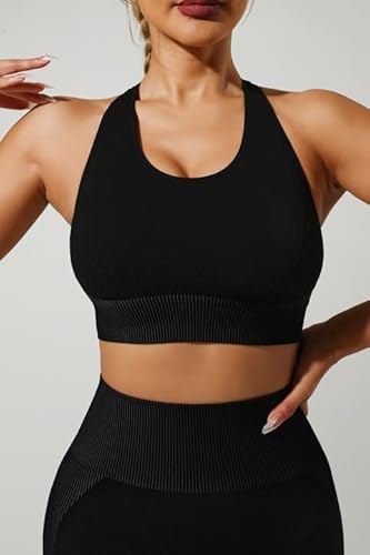EROSEL Conjunto de 3 peças de roupa fitness sem costura, roupa de academia e ioga para treino, sutiã
