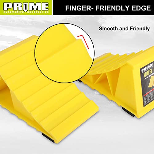 Image of PR1ME Wheel Chocks with Non-Slip Base for RV & Trailer. 2 Pack Heavy Duty Wheel Chock with Bright Yellow. Lightweight Wheel Stoppers for Cars Camper Trucks RVs, Fit for Most Tyre Sizes