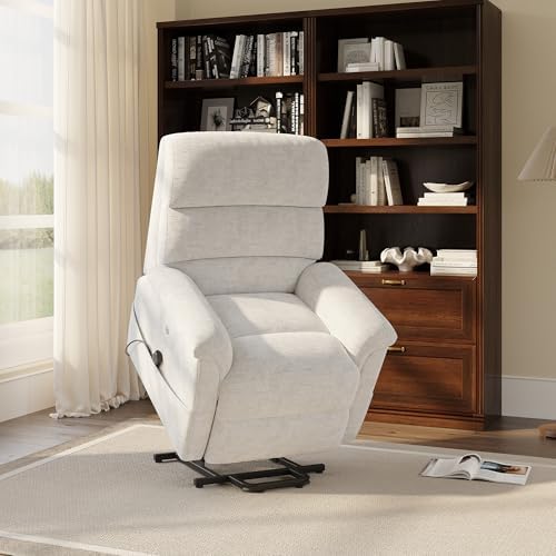 COLAMY Power Lift Recliner Chair with USB & Type-C Charge, Dual Motors Adjustment Recliner with Padded Upholstered Seat and Armrest, Double Storage Pockets, Beige