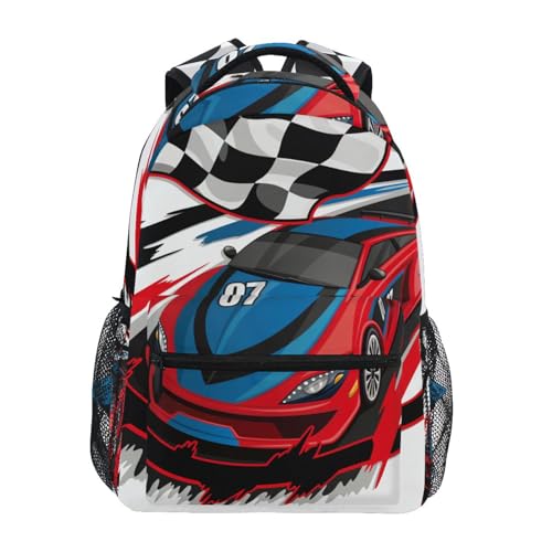Racing Car with Checkered Flag Girls Boys Backpack Elementary Middle School Backpack Bookbag for Girls Boys Kids Teen Back to School Book Bag Gifts for 2nd 3rd 4th 5th 6th Grade Students