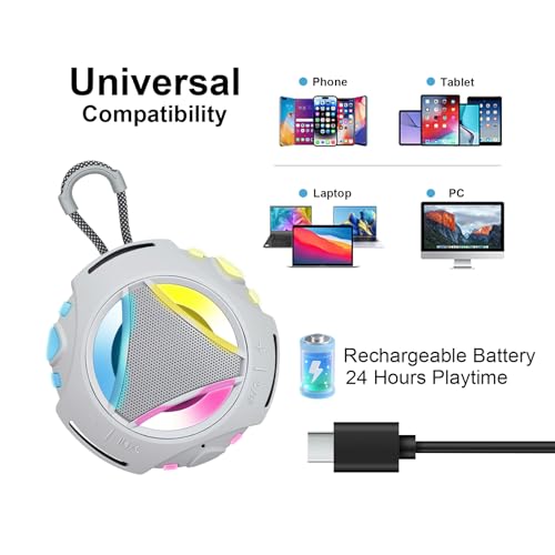 Image of Portable Bluetooth Speaker, IPX7 Waterproof Shower Speaker, Wireless Outdoor Speakers, Floating, Built-in Mic, 24H Playtime with LED Lights, Loud HD Sound, Powerful Bass, Gifts for Unisex - Gray