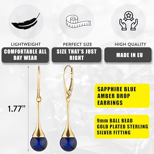 Amber Earrings for Women - Ball Bead with Gold Plated ag925 Sterling Silver, Secure Leverback Closure, Elegant Drop Earrings, Dangle Jewelry for Ladies2