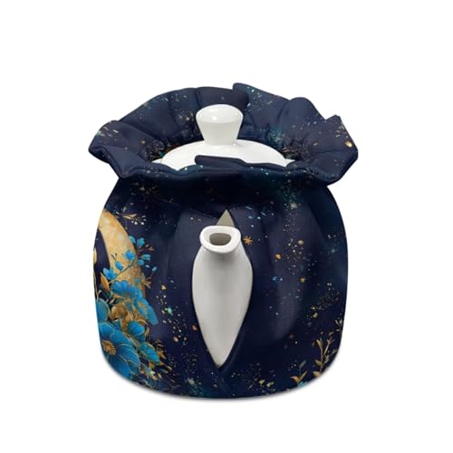 Image of Xoenoiee Blue Butterfly Floral Moon Print Tea Pot Cover Tea Cozy Insulation Teapot Cosy Tea Pot Warmer Cover for Home Kitchen Table Teapot Kettle Cover Keep Warm