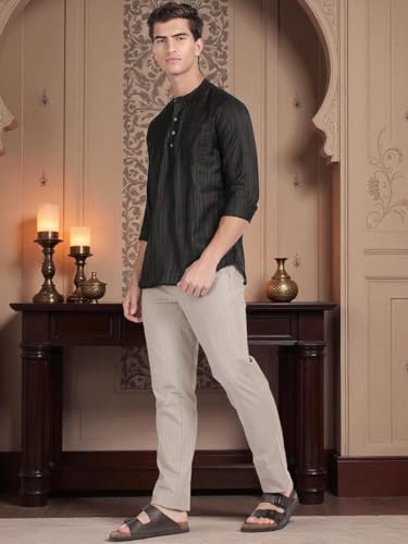 Image of KRYPTIC Men's Full Sleeve Regular Fit Short Kurta in Premium Pure Cotton with Patch Pocket and Mandarin Collar - Perfect Blend of Style and Comfort