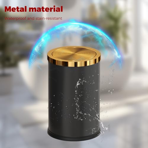 Image of 9L /2.4GAL Black and Gold Bathroom Trash Can, Small Trash Can with FILP Lid for Bathroom,Hotel,Office,Lundry,Powder Room (BLACK)