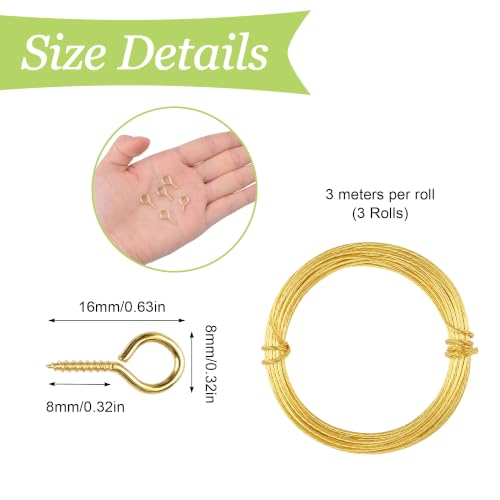 Image of Picture Hanging Kit - 3 Rolls 3M Brass Wires with 20Pcs Eye Hooks, Heavy Duty Hanging Accessories for Pictures Canvas Mirrors Artwork(Gold)