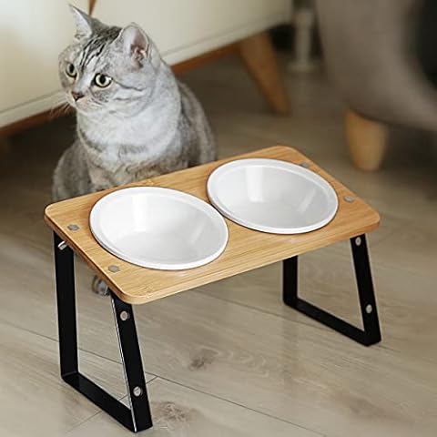 AYADA Elevated Cat Bowls, Height Adjustable Raised with Stand Lifted Ergonomic Anti Vomiting Non Slip Slanted Tilted Double Bowls Food Water Ceramic Cover