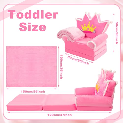 Burbell Kids Couch 2 in 1 Toddler Couch Fold Out with Flannel Blanket Set Soft Princess Kids Chairs for 1-3 Old Comfy Toddler Convertible Sofa to Lounger Bed for Reading Sleeping Gaming Decor(Pink) - Thumbnail 3
