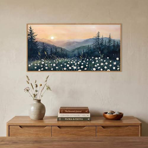 Image of KAIRNE Mountain Floral Landscape Framed Canvas Wall Art Set,Watercolor Forest Wall Decor,Misty Pine Tree Art Prints,Nature Sunset Scenery Artwork for Living Room,Bedroom,Farmhouse,Office-40 x20 x1