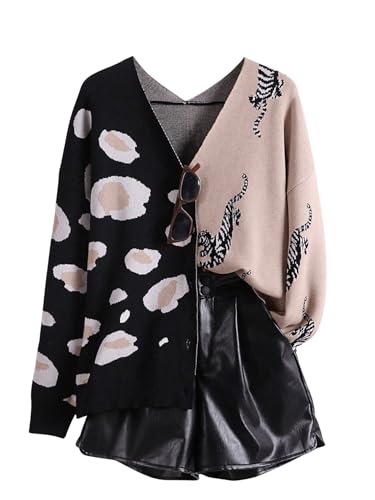Image of WDIRARA Women's Leopard Tiger Print Cardigan V Neck Long Sleeve Color Block Button Down Sweater Outwear
