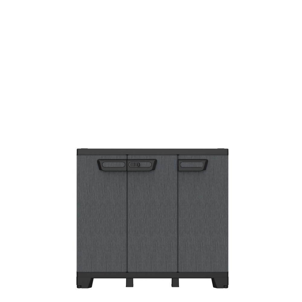 Kreher® Dreitüriger Aufbewahrungsschrank Gartenschrank Kellerschrank aus Kunststoff in Schiefer Optik. Mit höhenverstellbaren Böden und abschließbaren Türen in 2 Größen. (Schrank mit 1 Einlegeboden)