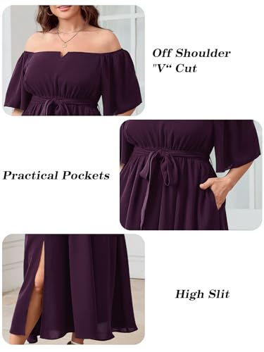 Image of SCOMCHIC Womens Plus Size Formal Dresses Off The Shoulder Wedding Guest Cocktail A-Line Split Maxi Dress with Pockets