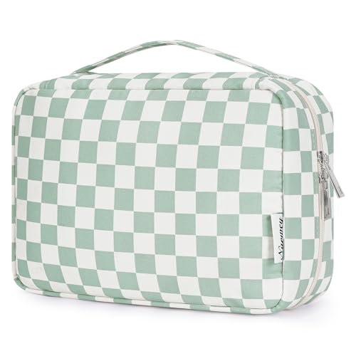 Narwey Small Hanging Travel Toiletry Bag for Women, Travel Bag for Toiletries, Checkered Makeup Bag Organizer Cosmetic Bags Make Up Bags for Girls (Mint Green Checkerboard)