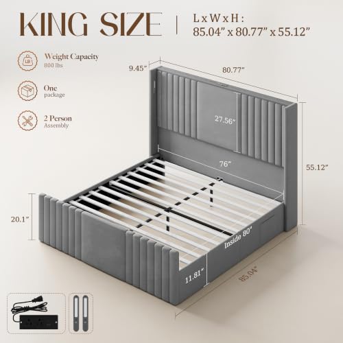 Image of King Size Bed Frame with 55.1 inch Tall Headboard, Velvet Upholstered Platform Bed with Channel Tufted Wingback, 2 Reading Lights /Storage Shelf /Charging Station /Easy Assembly /Noise-Free, Grey