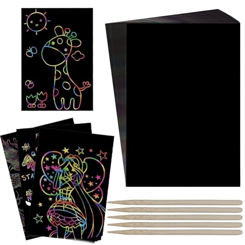 50Pcs Rainbow Scratch Art, Leaves Rainbow Scratch Paper with 5 Wooden Pencils, Scratch Art Paper for Kids, Magic Scratch Book, Scratch Picture Set for Drawing and Crafts for Boys Girls DIY
